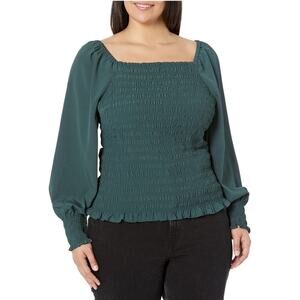 Madewell Lucie Bubble-Sleeve Smocked Square Neck Stretch Green Blouse 2X